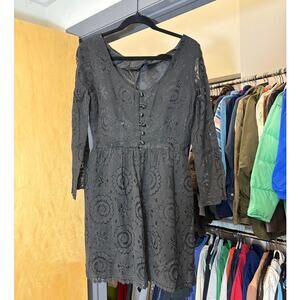 VINTAGE 70s Mini Dress Womens Black Floral Lace Long Sleeve Whimsigoth Small